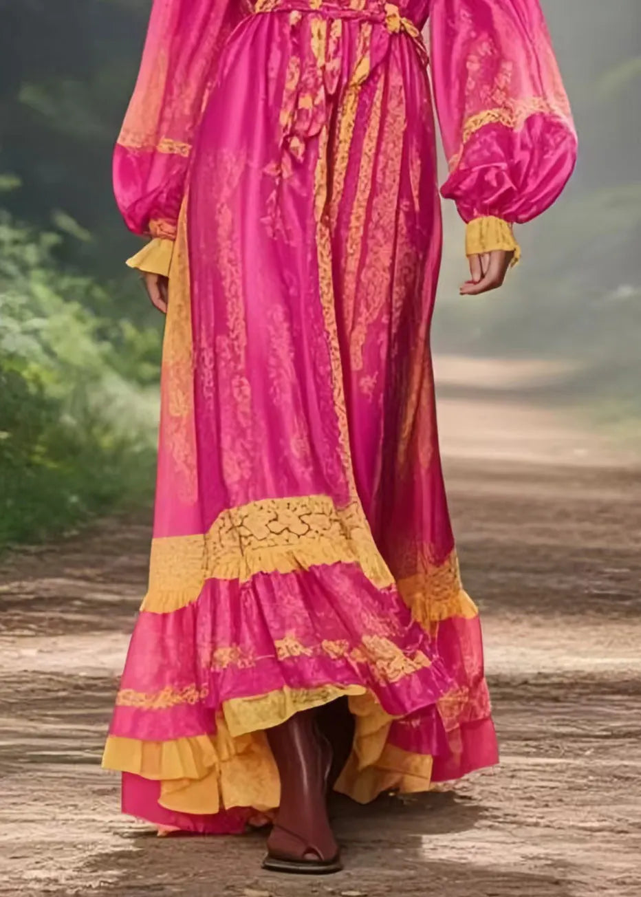 Rose Cinched Exra Large Hem Silk Vacation Dress Spring