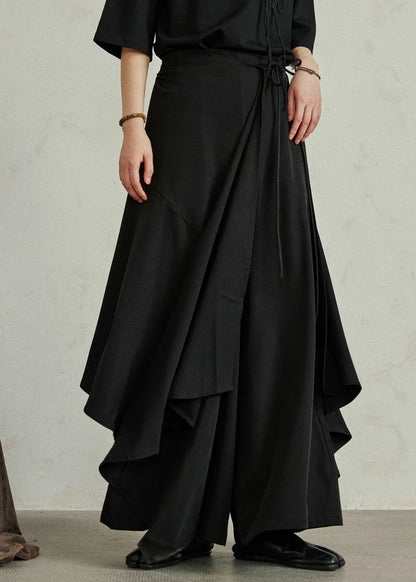 Black Asymmetrical Pockets Patchwork Elastic Waist Pants Skirt