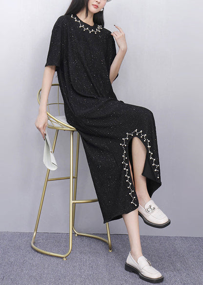 Black Sequins Side Open Cotton Straight Dress Summer