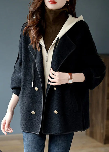 Black Zippered False Two Pieces Patchwork Woolen Coats Hooded