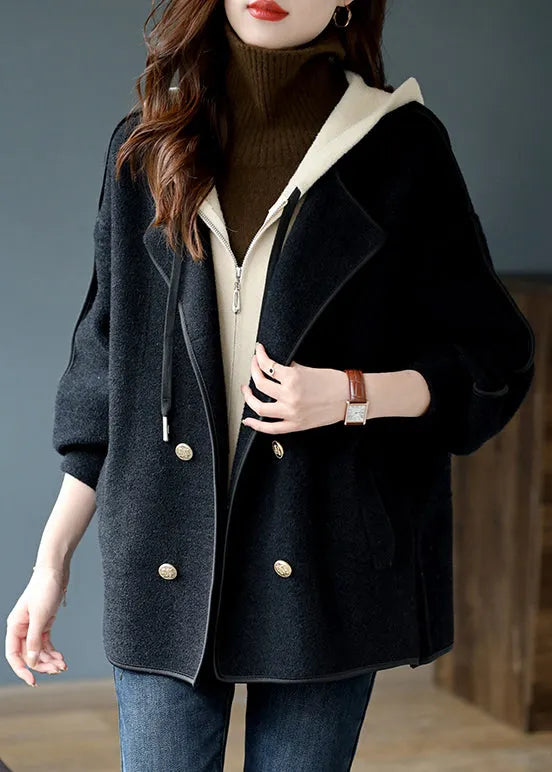 Black Zippered False Two Pieces Patchwork Woolen Coats Hooded