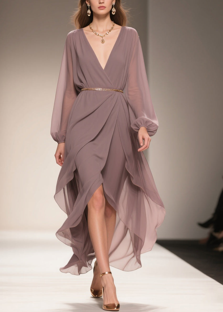 Soft Misty Lavender Gray Low High Design Chiffon Dress V Neck Summer