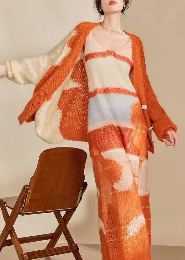 Orange Print Ma Hai Mao Knitted Two Piece Set Outfits Fall