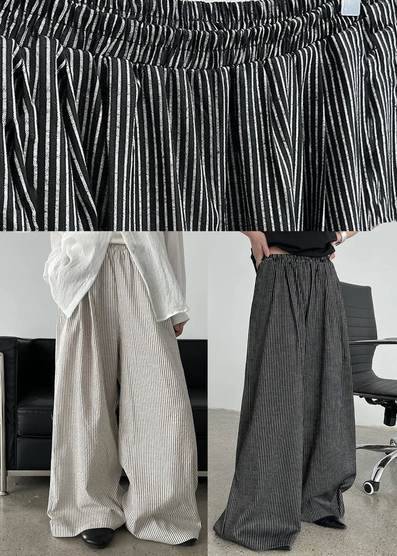 Italian Black Oversized Striped Cotton Wide Leg Pants Spring