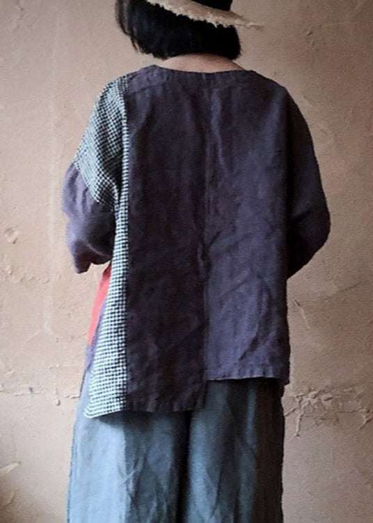 V Neck Pockets Asymmetrical Patchwork Pockets Linen Tops Long Sleeve