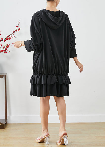 Black Oversized Patchwork Ruffles Cotton Dress Fall