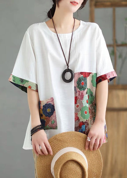 Loose Orange O-neck Print Tops Short Sleeve