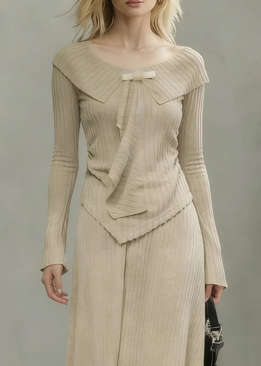 Art Khaki Asymmetrical Tops and Skirts Knit Two Pieces Set Spring