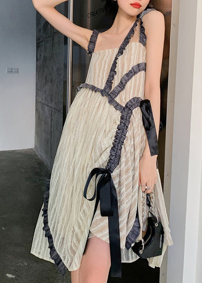 Apricot Slash Neck Patchwork Wrinkled Silk Slip Dresses Summer