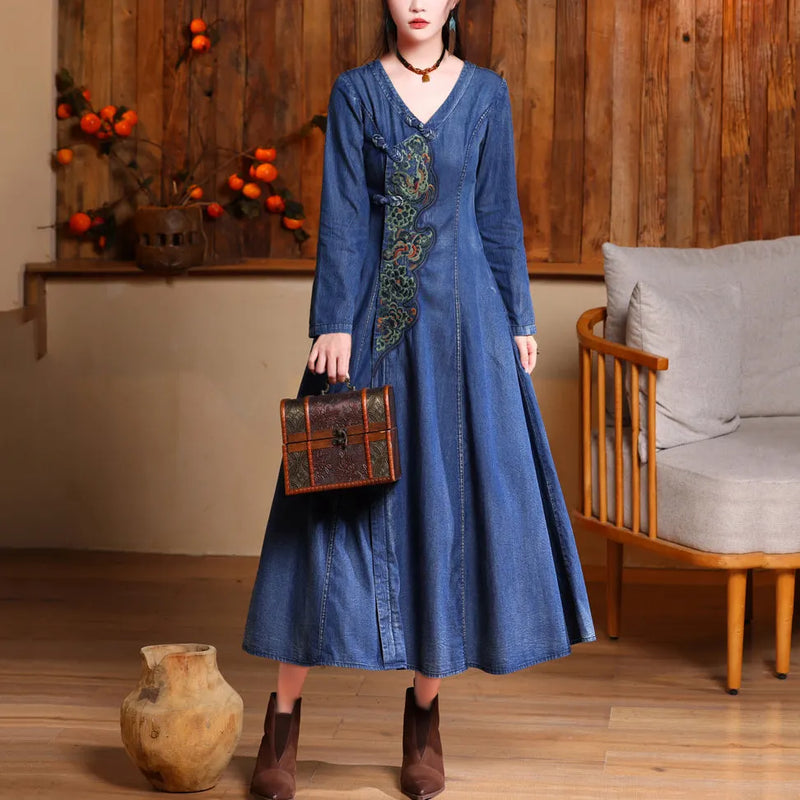 Navy V Neck Embroidered Button Long Denim Dresses Long Sleeve