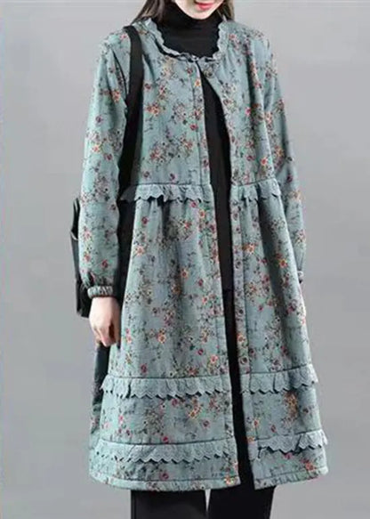 Blue Ruffled Lace Patchwork Warm Fleece Coat Fall