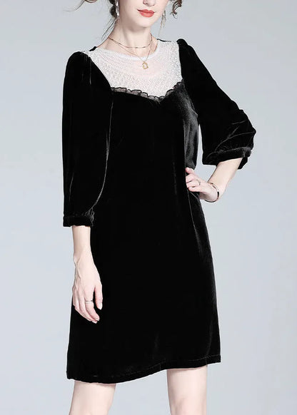 Fine Black O-neck Lace Patchwork Velour Mid Dress Spring