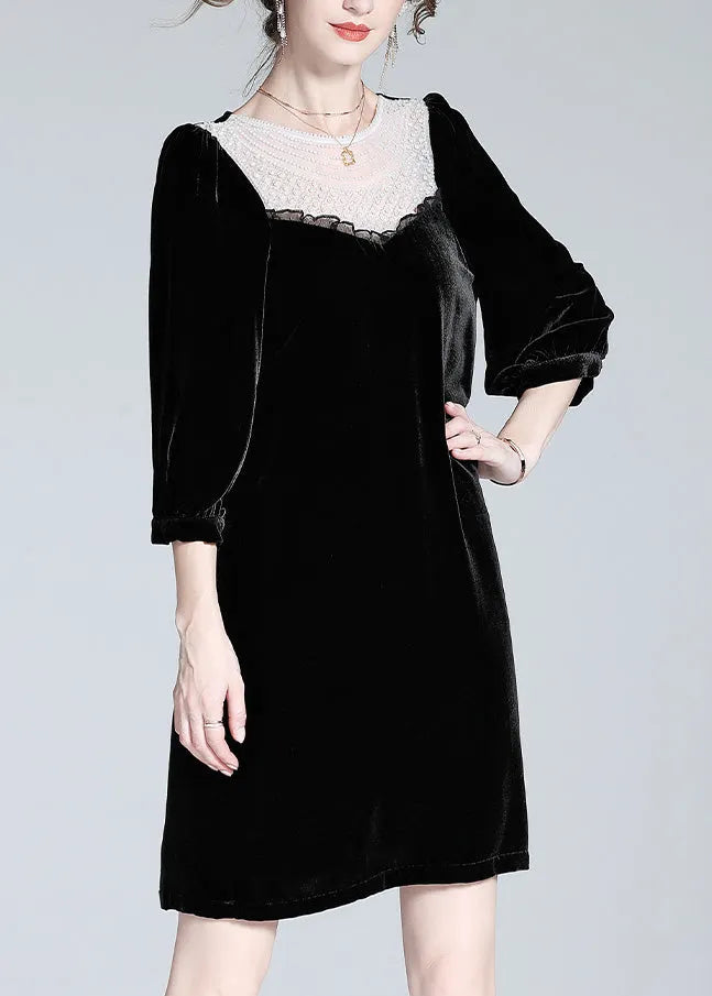 Fine Black O-neck Lace Patchwork Velour Mid Dress Spring
