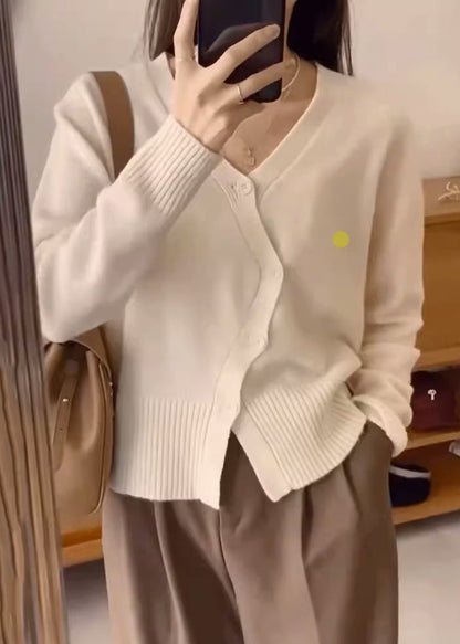 Apricot V Neck Button Patchwork Knit Top Fall