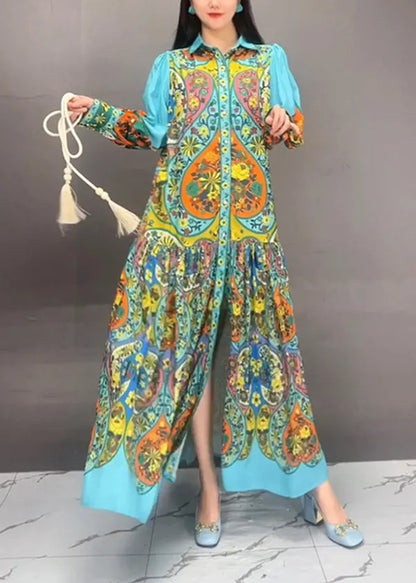 Blue Peter Pan Collar Button Print Cotton Long Dress Fall