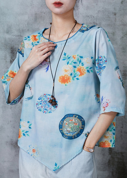 Art Blue Asymmetrical Print Linen Oriental Shirts Summer