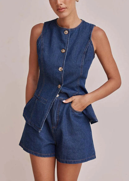 Navy Silm Fit Denim Two Piece Set Clothing Side Open Sleeveless