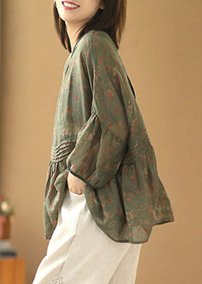 Grey Green Print Wrinkled Patchwork Linen Shirt Tops Short Sleeve