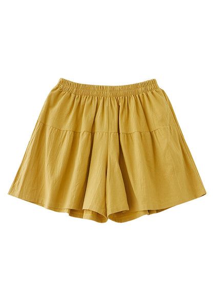 Yellow Pockets Elastic Waist Cotton Shorts Summer