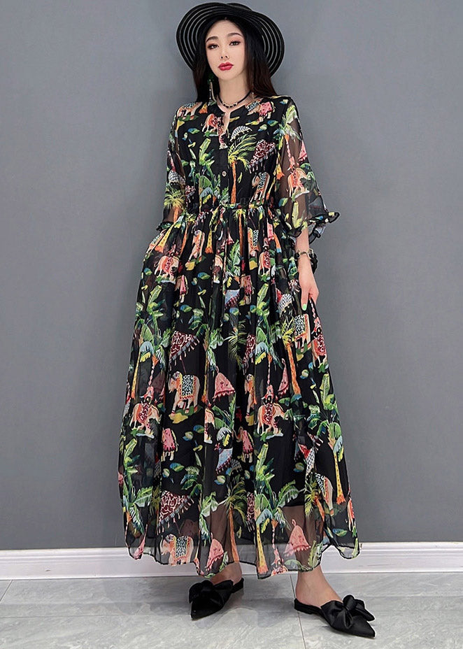 Black O-neck Patchwork Button Chiffon Dresses Short Sleeve