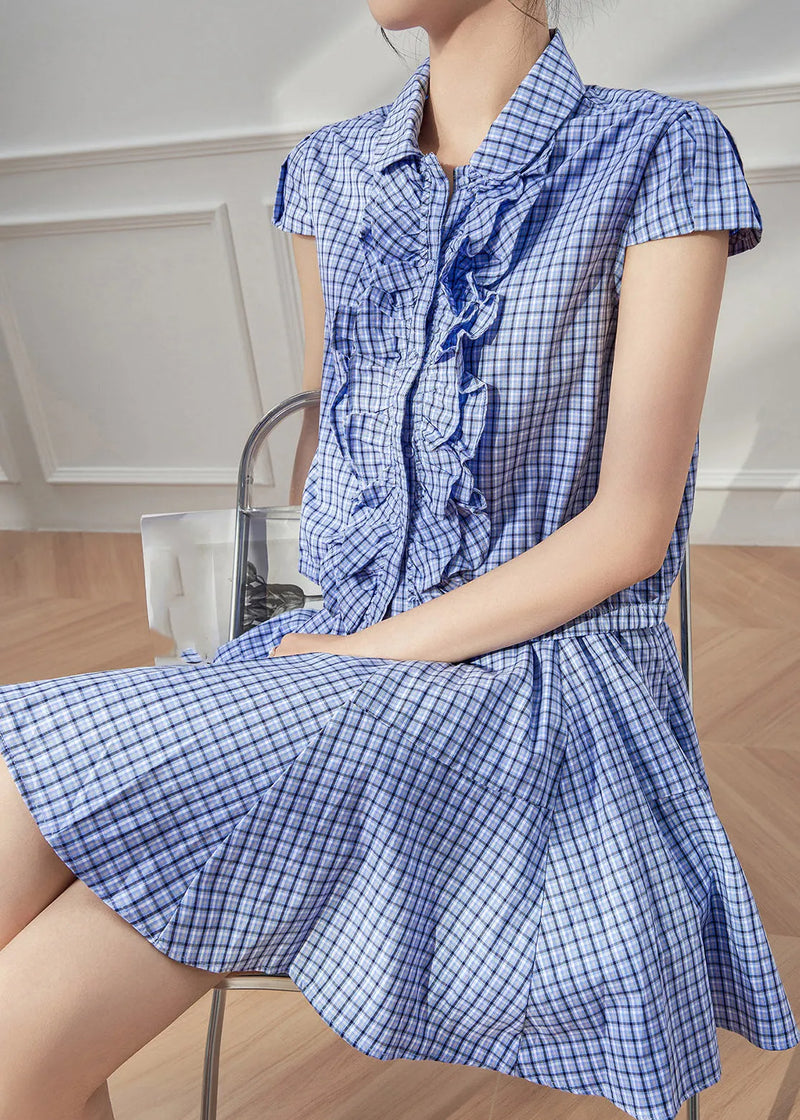 Blue Plaid Peter Pan Collar Shirt and Skirts Two Piece Set Summer