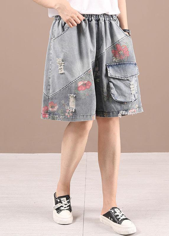 Organic Grey Patchwork Print Denim Hot Pants