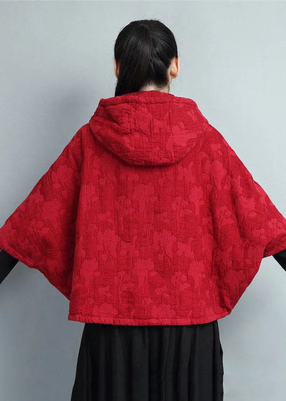 Red Hooded Embroideried Warm Fleece Coat Batwing Sleeve