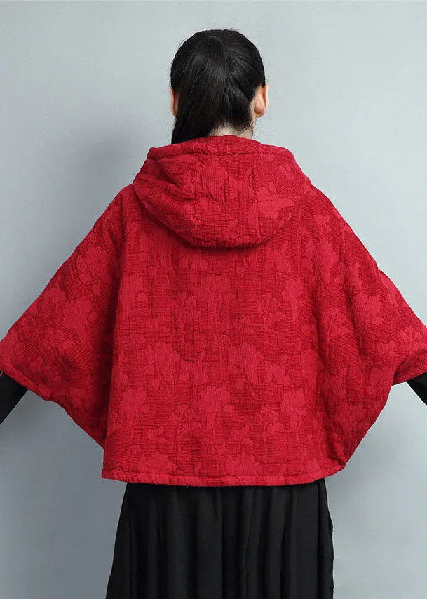 Red Hooded Embroideried Warm Fleece Coat Batwing Sleeve
