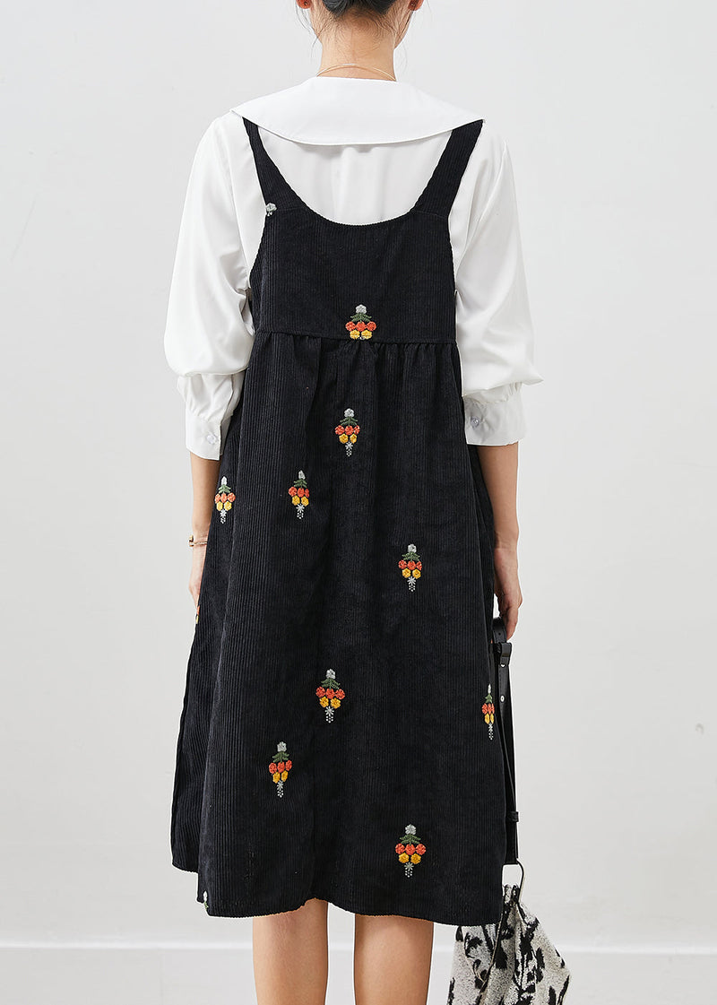Black Embroideried Corduroy Two Pieces Set Fall