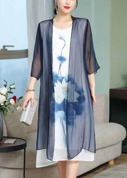 Blue Print Silk Cotton Two-piece Set V Neck Bracelet Sleeve