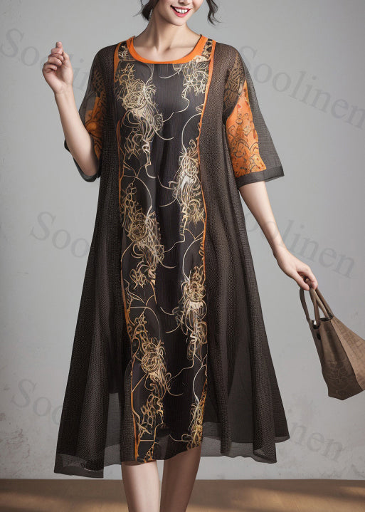 Black O Neck Print Silk Dress Summer