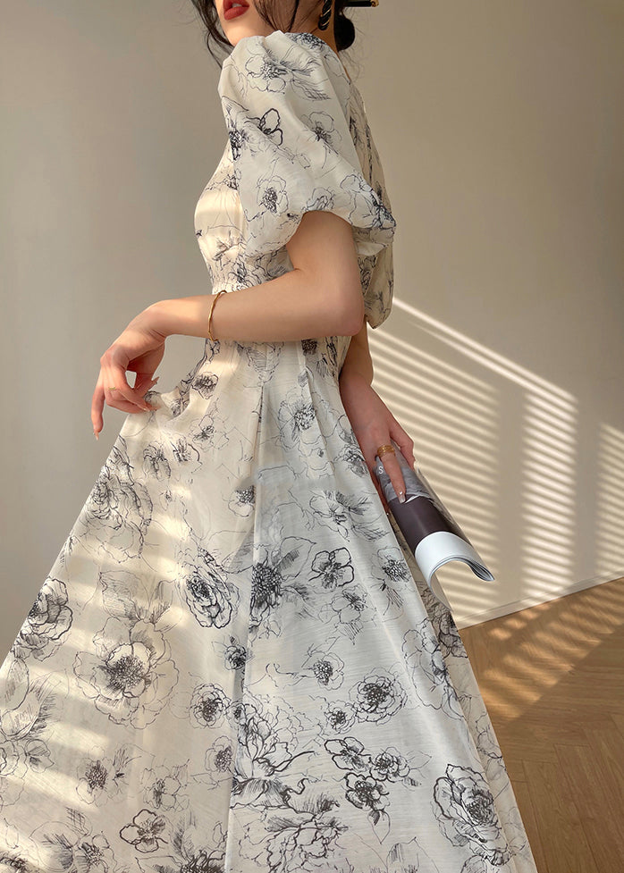 V Neck Print Button Chiffon Maxi Dress Short Sleeve