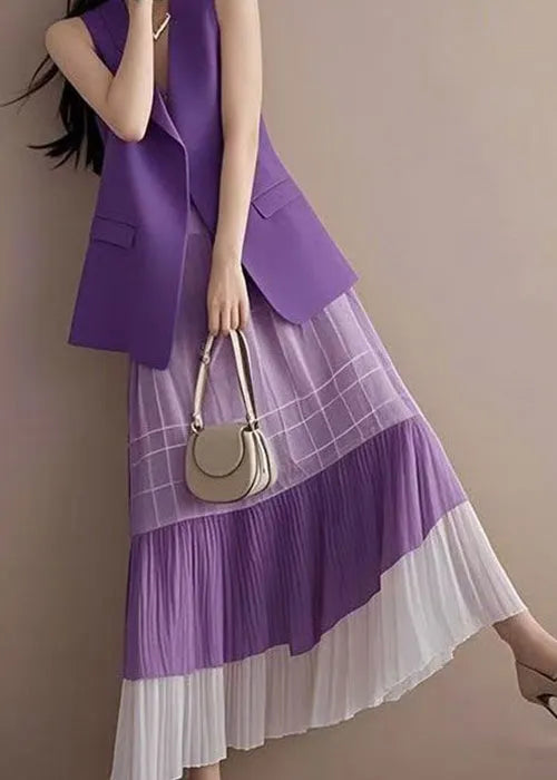 Pink V Neck Waistcoat and Wrinkled Skirts Two Pieces Set Sleeveless