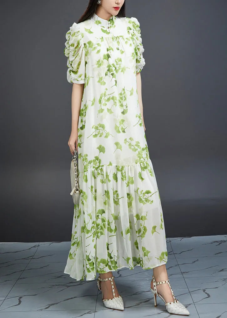Green Wrinkled Print Tie Waist Chiffon Dress Summer