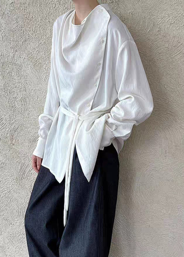 White Stand Collar Button Shirts Lantern Sleeve Spring