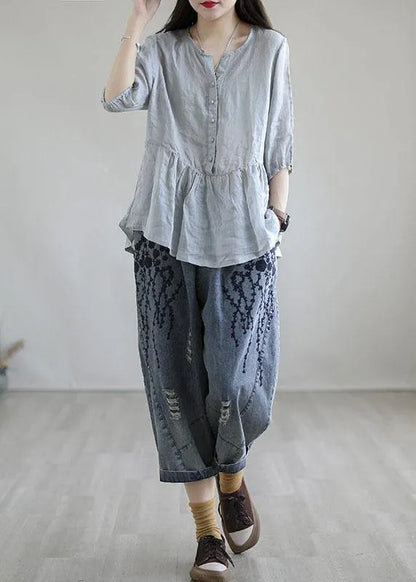 Blue Embroideried Summer Denim Pants