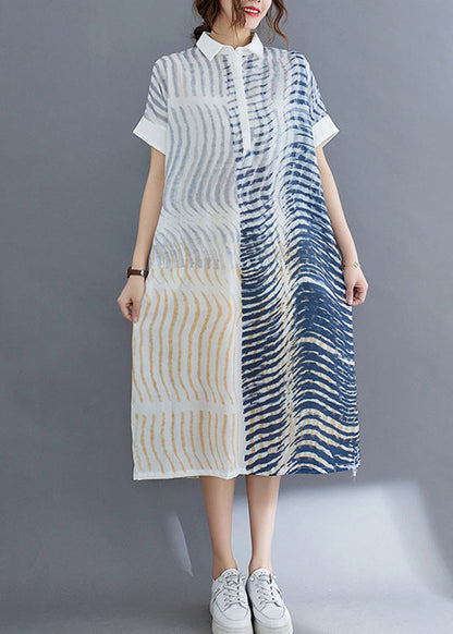 Striped Button Cotton Long Dress Short Sleeve