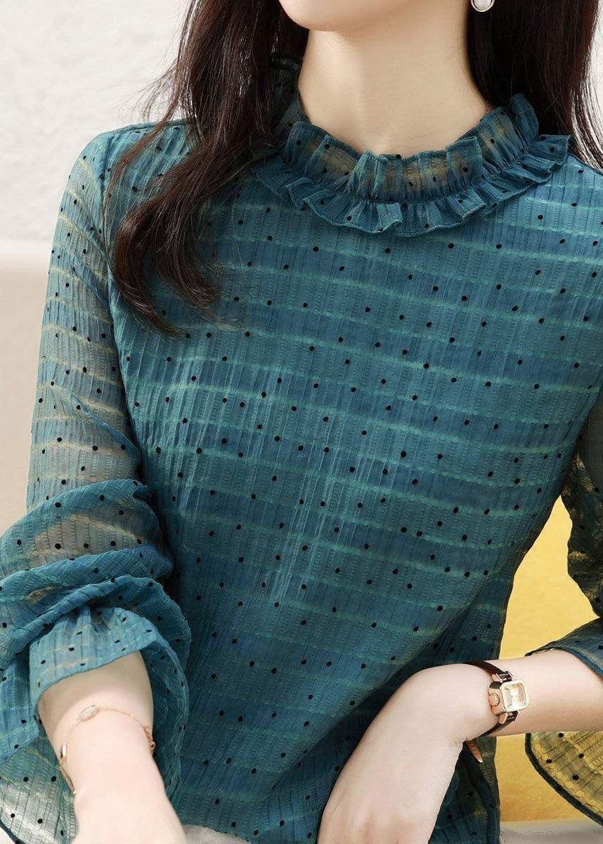 Peacock Green Stand Collar Ruffled Dot Print Chiffon Tops Flare Sleeve