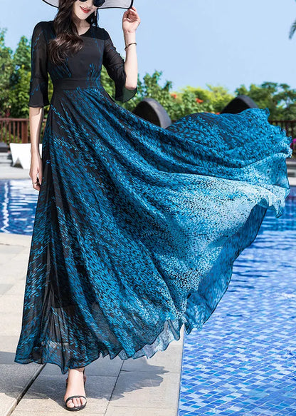 Blue O-neck Print Party Chiffon Long Dress Half Sleeve