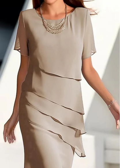 French Khaki O-neck Layered Chiffon Maxi Dresses Short Sleeve Summer