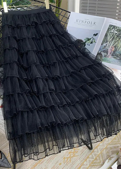 Black Wrinkled Elastic Waist Tulle Skirts Summer