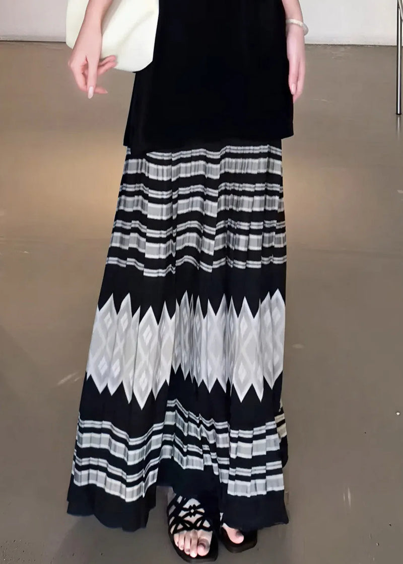 French Black Print Exra Large Hem Pleated Skirts Spring