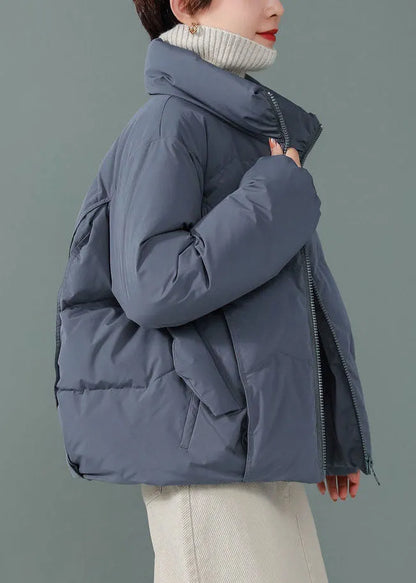 Blue Stand Collar Zip Up Duck Down Jackets Long Sleeve