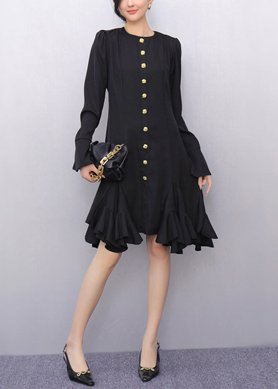 Original Black O-neck Button Long Dresses Flare Sleeve Spring