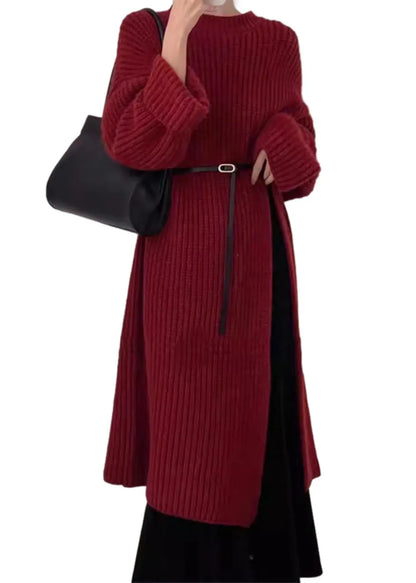 Red O Neck Side Open Knit Long Sweater Spring