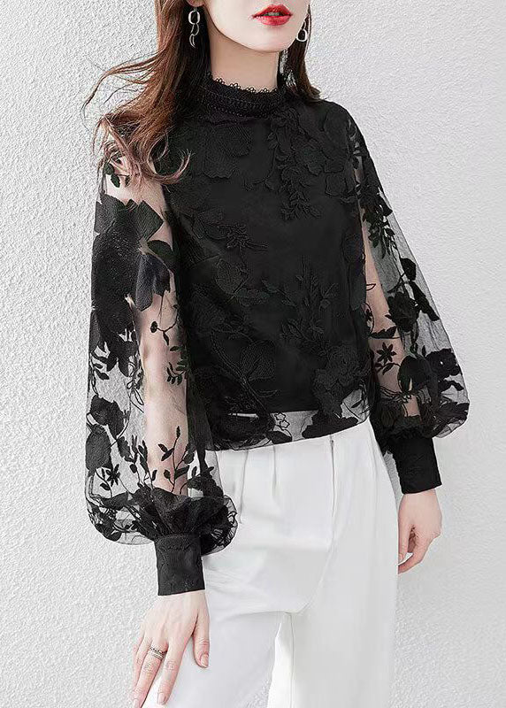 Black O-neck Lace Shirt Puff Sleeve