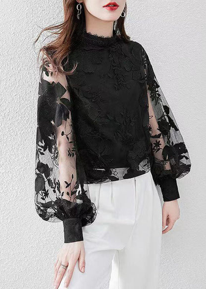 Black O-neck Lace Shirt Puff Sleeve
