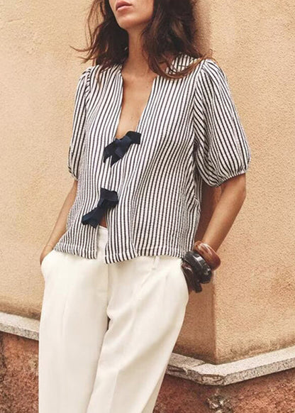 French V Neck Striped Bow Cotton Shirt Summer