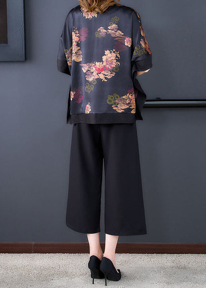 Handmade Black O-neck Asymmetrical Patchwork Print Silk Two Pieces Set Batwing Sleeve
