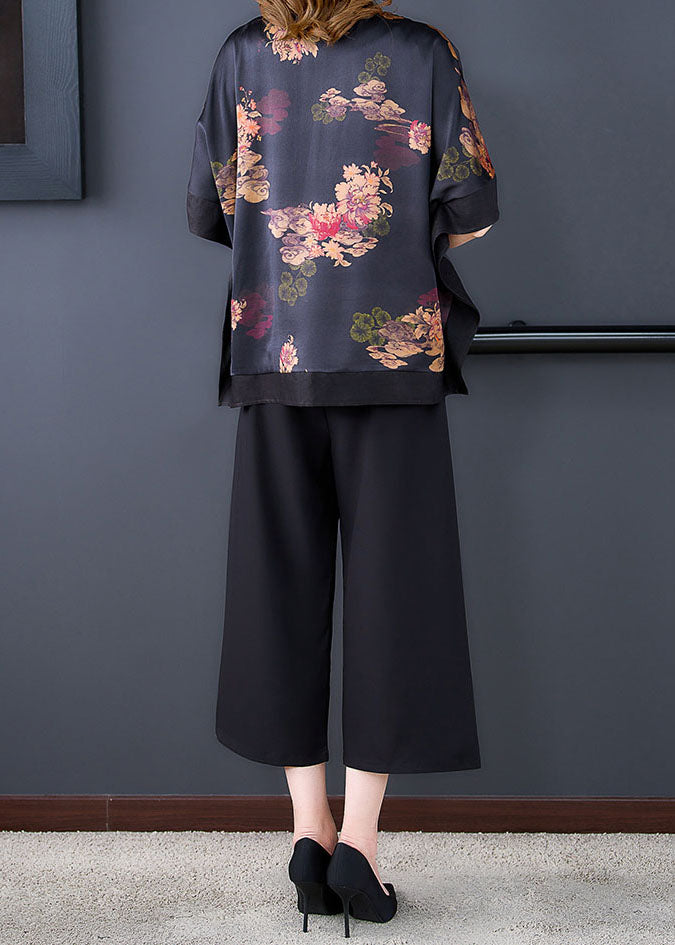 Handmade Black O-neck Asymmetrical Patchwork Print Silk Two Pieces Set Batwing Sleeve